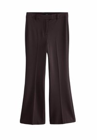 Pantalon évasé marron foncé en tissu lisse et texturé avec une taille structurée. Comprend des poches latérales et des plis soigneusement repassés.