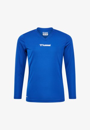 Blauwe lange mouwen sportshirt met V-hals, gemaakt van gladde stof, voorzien van een wit logo op de borst en versterkte stikdetails.