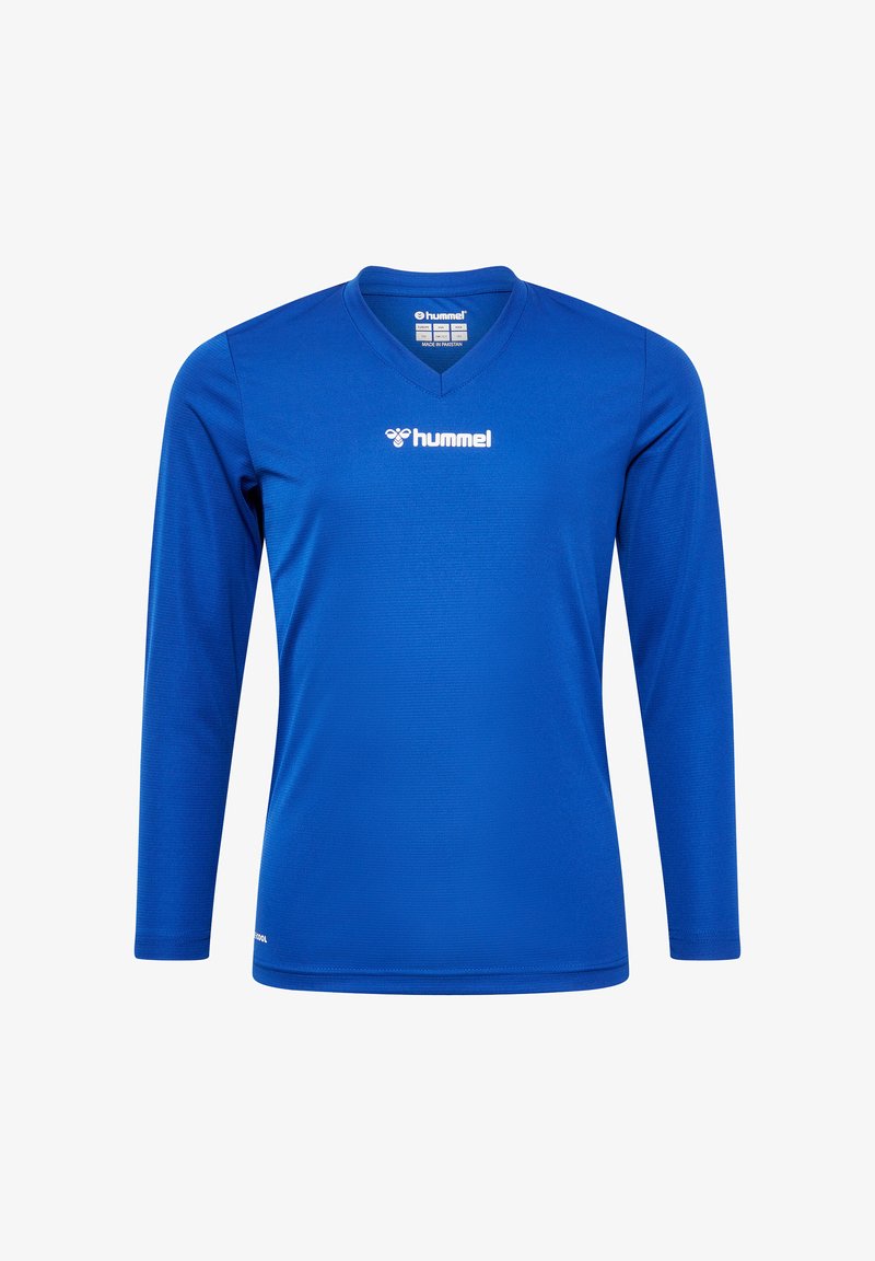 Blaues Langarm-Sportshirt mit V-Ausschnitt, aus glattem Stoff gefertigt, mit einem weißen Logo auf der Brust und verstärkten Nähdetails.