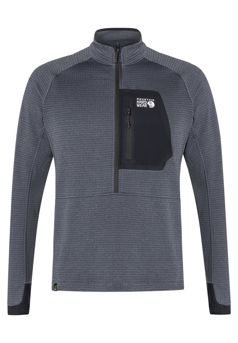 Szary polarowy sweter z fakturowanym wzorem, z pół-zamkiem i czarną kieszenią na klatce piersiowej z zamkiem błyskawicznym. Logo na górze po lewej stronie.