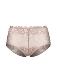 String en dentelle couleur chair, avec des motifs floraux, des bords ondulés, et un détail de nœud décoratif à l'avant. Texture douce et transparente.