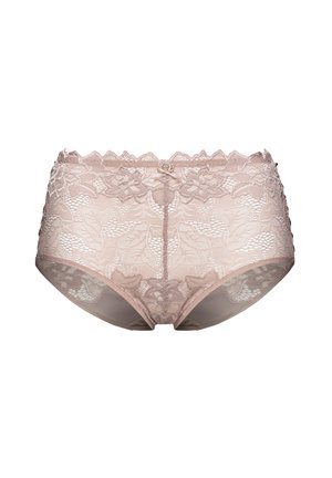 String en dentelle couleur chair, avec des motifs floraux, des bords ondulés, et un détail de nœud décoratif à l'avant. Texture douce et transparente.
