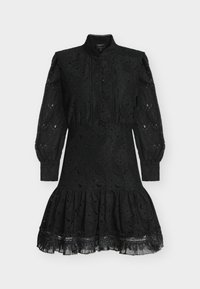 Black lace dress with a high collar, long puff sleeves, a button front, and a flared skirt. Features textured floral pattern and ruffled hem.