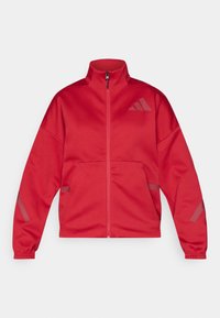 Červená bunda na zips vyrobená z hladkej látky. Má vysoký golier, dve predné vrecká a sivé akcenty na rukávoch, s logom na hrudi.