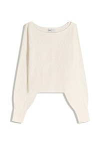 Kremasti skraćeni džemper s okruglim izrezom, s teksturiranim uzorcima kabelnog pletenja i spuštenim ramenima za opušteni kroj.