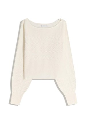 Pull court couleur crème avec un col rond, présentant des motifs en câble texturé et des épaules tombantes pour un ajustement décontracté.