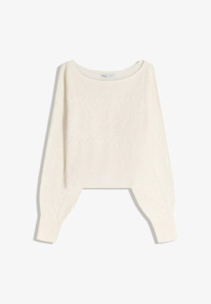 Cremefarvet cropped sweater med rund hals, prydet med teksturerede kabelmønstre og dropped shoulders for en afslappet pasform.