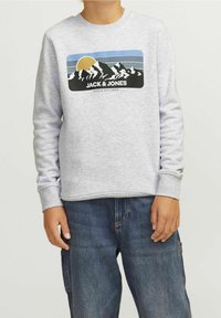 Světle šedá mikina vyrobená z bavlněné směsi. Obsahuje grafiku hory se sluncem a textem "JACK & JONES WORLD EXPLORER" v černé barvě. Dlouhé rukávy.