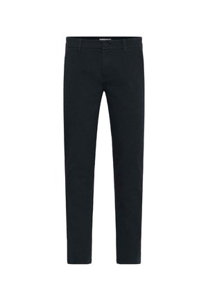 Zwarte katoenen broek met slim fit, voorzien van een knoop- en ritssluiting, vijf zakken en een soepele textuur. Eenvoudig ontwerp zonder patronen.