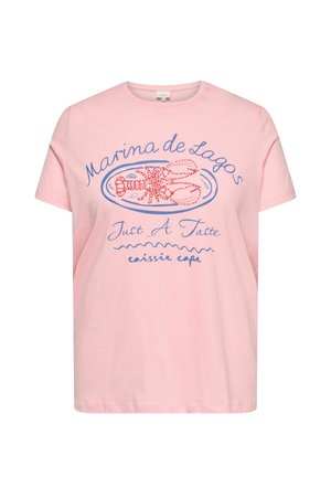 Jasnoróżowy t-shirt z krótkim rękawem z niebieską i czerwoną grafiką homara oraz napisem "Marina de Lagos Just A Taste caissie cape."