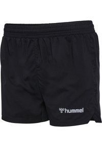 Pantaloni sportivi neri con elastico in vita, fessure laterali e logo "hummel" bianco sul lato destro inferiore. Texture liscia e materiale leggero.