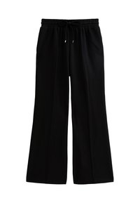 Zwarte broek met brede pijpen en een verstelbare tailleband, gemaakt van zacht materiaal. Heeft een losse pasvorm en geen extra patronen of accenten.