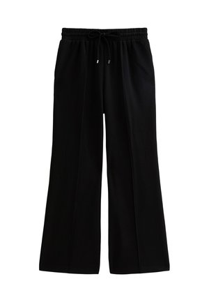 Pantalons larges noirs avec un cordon de serrage à la taille, fabriqués à partir d'un tissu doux. Ils présentent une coupe ample et ne comportent pas de motifs ou d'accents supplémentaires.