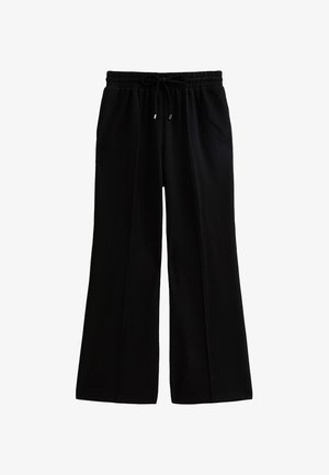 Pantaloni neri a gamba larga con vita elasticizzata, realizzati in tessuto morbido. Presentano una vestibilità ampia e nessun motivo o dettaglio supplementare.