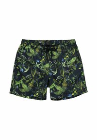Costumi da bagno neri con un vivace motivo floreale e felce in verde, blu e giallo. Include una vita elastica e un cordoncino.