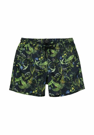 Schwarze Badeshorts mit einem lebhaften floralen und Farnmuster in Grün, Blau und Gelb. Enthält einen elastischen Bund und eine Kordel.