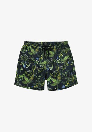 Musta uimashortsit, joissa on eläväinen kukkakuvio ja saniaiset vihreänä, sinisenä ja keltaisena. Mukana joustava vyötärö ja kiristysnauha.