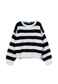 Maglione cropped lavorato a maglia con righe bianche e nere, dotato di collo rotondo e maniche larghe, realizzato in filato morbido con una finitura strutturata.