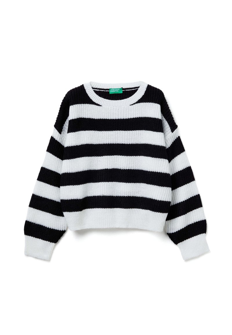 Maglione cropped lavorato a maglia con righe bianche e nere, dotato di collo rotondo e maniche larghe, realizzato in filato morbido con una finitura strutturata.
