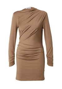 Braunes langärmliges Kleid aus dehnbarem Stoff, mit gerafften Details an der Seite und einem drapierten Ausschnitt für eine figurbetonte Silhouette.
