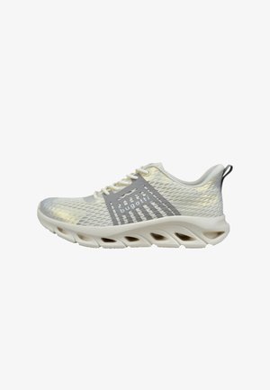 White mesh running shoe with gray accents, a rounded toe, and a cushioned sole featuring multiple cutouts for ventilation.