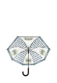 Batman-themed umbrella featuring gray and clear panels with bat symbol patterns, black curved handle, and yellow accents on edges.