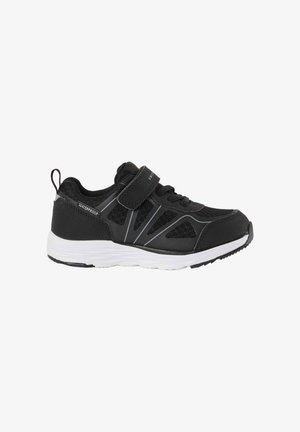 Black waterproof athletic shoe with white sole, ventilation mesh, reflective stripes, hook-and-loop strap, and pull tab at heel.