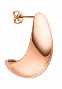 Ohrring in Form eines Halbmonds aus Roségold, mit glatter Oberfläche und glänzender Textur, gesichert mit einem Stecker und einem Schmetterlingsverschluss, der einen hohlen Bereich aufweist.