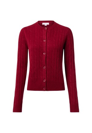 Red cable-knit cardigan with a round neck, long sleeves, and front button closure. Features ribbed cuffs and hem for added texture.