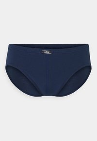 Marineblaue Baumwollunterhose mit glatter Textur, elastischem Taillenbund und einem kleinen Logosticker auf der Vorderseite. Klassisches Design mit taillierter Passform.