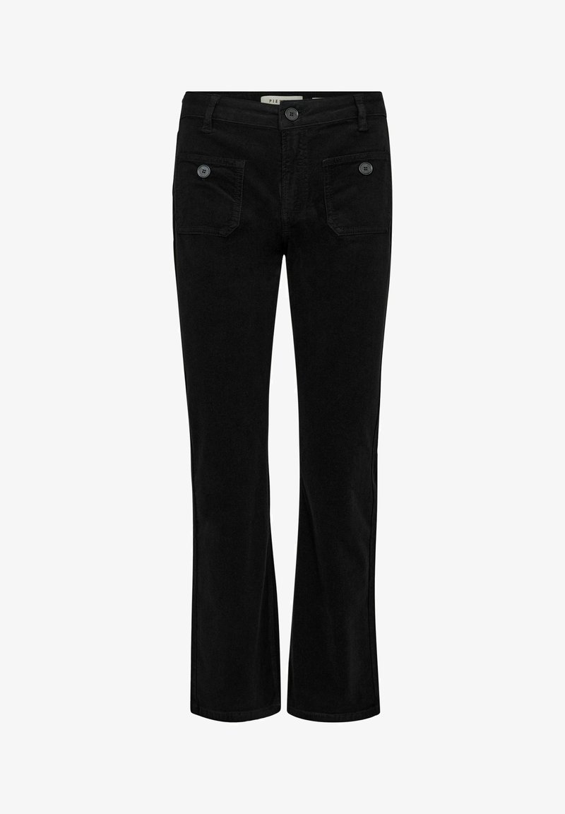 Črne kavbojke s ravnim krojem, izdelane iz denima. Imajo dva sprednja žepa z gumbi in pas z zankami za pas.