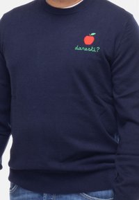 Maglione blu navy con scollo rotondo. Presenta il testo verde "da'resti?" e una mela rossa ricamata sulla parte sinistra del petto. Texture morbida.