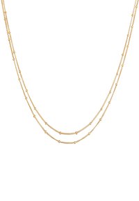 Collana a più strati in tonalità oro con delicate maglie ovali e rotonde, caratterizzata da piccoli accenti di perline distribuiti uniformemente lungo ogni catena.