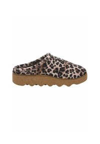 Sømløse hjemmesko med leopardmønster, lavet med et blødt stofoverdel og en brun, struktureret, bølget sål for godt greb. Ideel til indendørs brug.