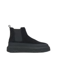 Black suede ankle boots feature elastic side panels, a thick, textured sole, and a pull tab at the heel for easy wear.