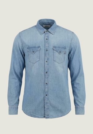 Lyseblå denim skjorte med lange ærmer, knapper foran, to brystlommer med knaplukning og en klassisk krave.