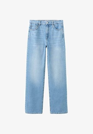 Vaqueros de mezclilla azul claro con un diseño de corte recto, estilo cinco bolsillos, presillas para cinturón y un ligero desgaste para un look casual.