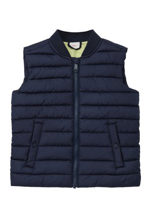 Marineblå polstret vest med lynlås, ribbet krave og to sidelommer. Tekstureret, quiltet overflade for isolering.