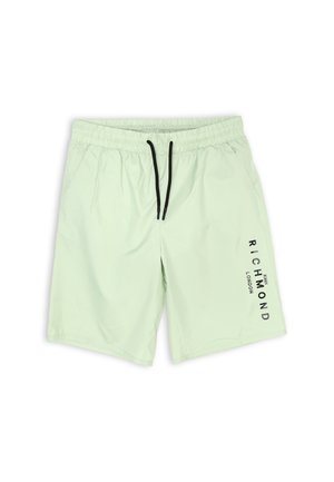 Pantaloni da bagno verde chiaro realizzati in materiale sintetico, con un elastico in vita e un cordoncino nero, oltre a un logo stampato.