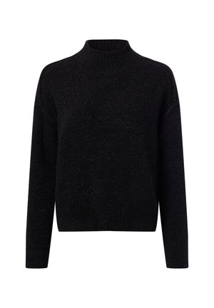 Schwarzer Pullover mit hohem Kragen, langen Ärmeln und einem weichen, strukturierten Strickstoff. Das Design ist einfach und boxy in der Form.
