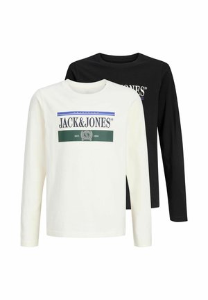 To langærmede crewneck-trøjer, en hvid med multifarvet Jack & Jones-logo og en sort med delvist synligt logo bag den.