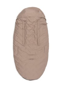 Beige gevoerde babywandelwagen voetenzak met zachte voering, verstelbare handvatten en uitsparingen voor wandelwagenbanden.