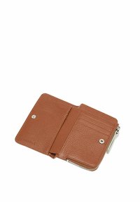 Portafoglio in pelle marrone con chiusura a zip, scomparti per carte all'interno, esterno testurizzato e chiusura a bottone a pressione. Materiale morbido e resistente.