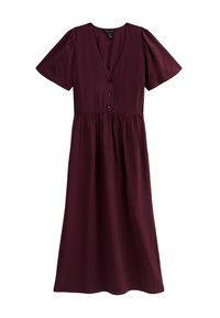 Robe midi bordeaux avec de courtes manches bouffantes, un décolleté en V profond, un bouton sur le devant et une taille froncée, fabriquée en tissu doux et léger.
