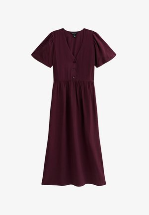 Vestido midi burdeos con mangas cortas abullonadas, escote en V profundo, botones en la parte delantera y cintura fruncida, hecho de una tela suave y ligera.