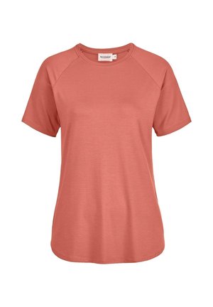 Kurzärmeliges, korallenfarbenes T-Shirt mit Rundhalsausschnitt, Raglanärmeln und abgerundetem Saum, Frontansicht auf weißem Hintergrund.