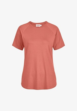 Kurzärmeliges, korallenfarbenes T-Shirt mit Rundhalsausschnitt, Raglanärmeln und abgerundetem Saum, Frontansicht auf weißem Hintergrund.