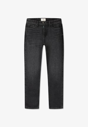 Zwarte denim jeans met een rechte pijpdesign, vijf zakken en een enkele knoopsluiting. Heeft subtiele vervaging en uitgesproken stiksels.