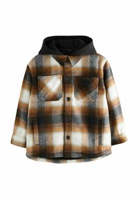 Plaid shirt jacket in brown, black, and white hues. Features a black hood, two front pockets, button closure, and a textured fabric design.