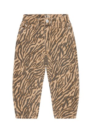 Hoch taillierte Hose mit braunem und beigem Tierprint, Knopfverschluss, Reißverschluss, Vordertaschen und lockeren, geraden Beinen.